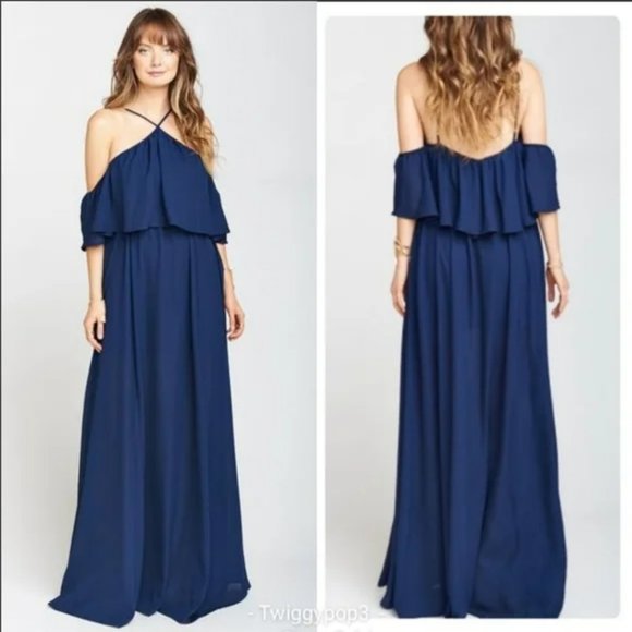 🌿 Show Me Your Mumu Rebecca Ruffle Maxi Dress navy - Picture 1 of 6
